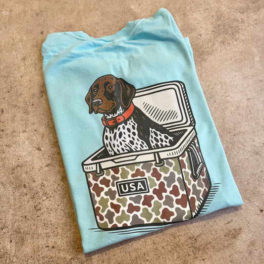 Average Guy Clothing Co. “Cooler Pup” Tee | Hunting Dog Camo Cooler Graphic T-Shirt